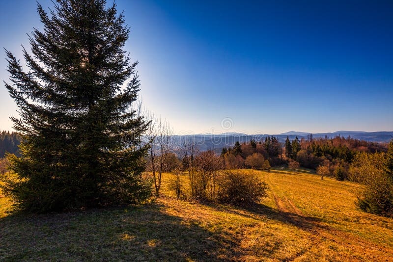 Hornatá krajina s lesmi pri západe slnka