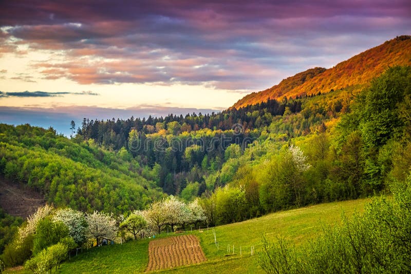 Hornatá krajina při západu slunce na jaře