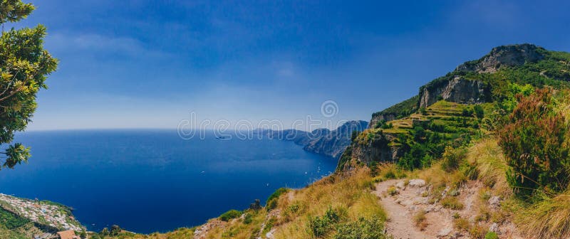 View of mountains and coastline of Amalfi Coast from Path of the Gods, a hiking trail near Positano, Italy