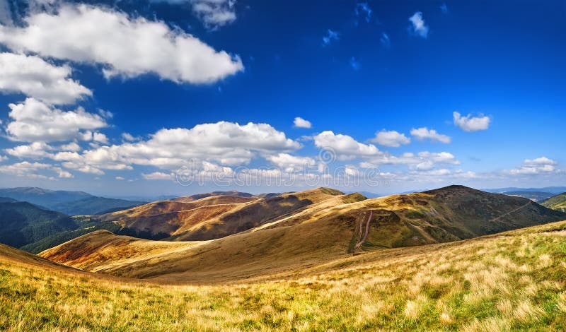 Mountains and field of green fresh grass under blue sky