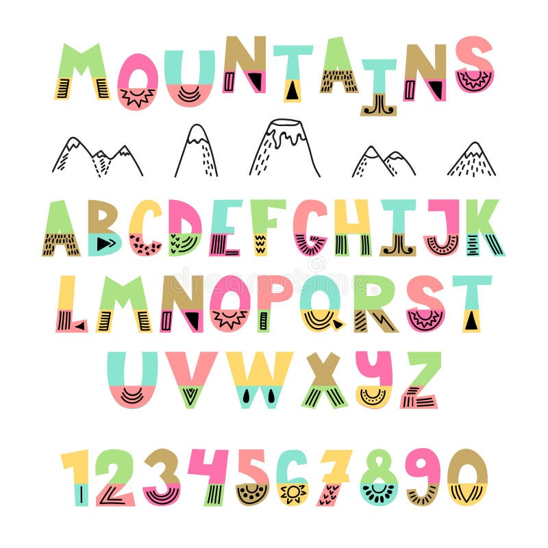 Mountains font. Hand drawn English alphabet.