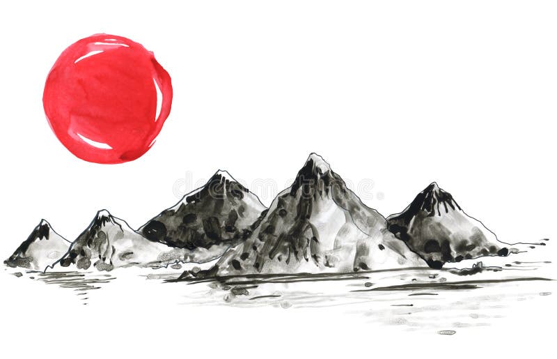 Canvas Print Mountains in Japanese painting style. Traditional Beautiful  watercolor hand drawn illustration 
