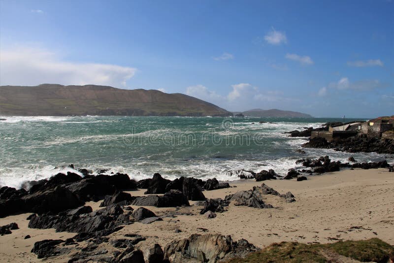 Mountains and man-made beach in Allihies, West Cork, Ireland