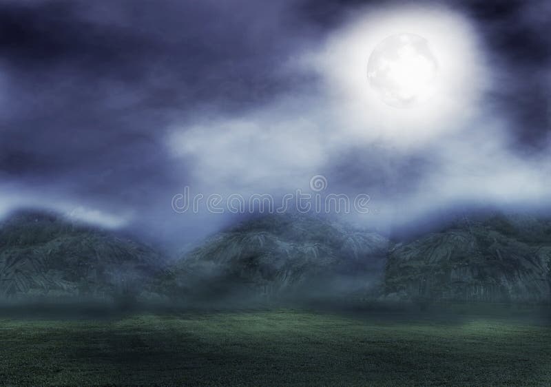 Mountains and grass floor with moonlight. Grass night sky background illustrations
