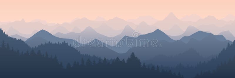 Mountains panorama. Foggy mountain landscape with aerial perspective effect, morning sunrise forest vector background