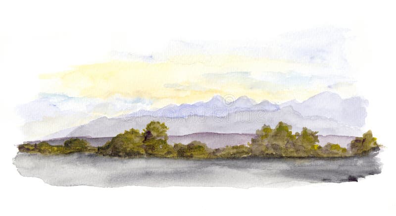 Mountains panorama scenic view. Watercolor drawing royalty free illustration