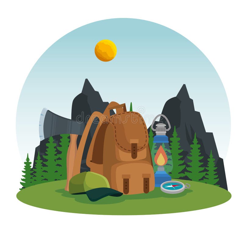 Mountains with pines trees landscape and backpack stock illustration