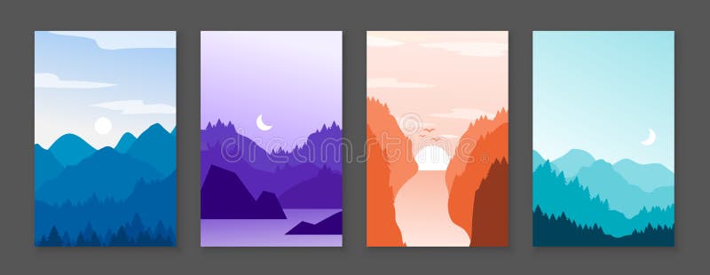 Mountains posters. Rocky mountains and snowy peaks, banners with cartoon nature outdoor backdrop. Vector mountain.