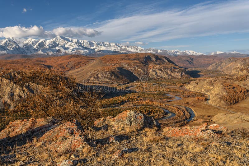 Mountains river autumn road sky stock photos Mountains river autumn road sky stock photos