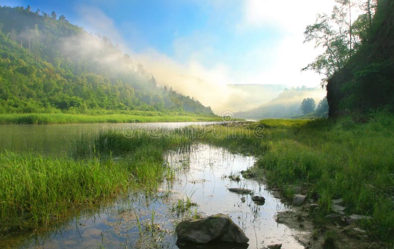 Mountains and river. Sunrise