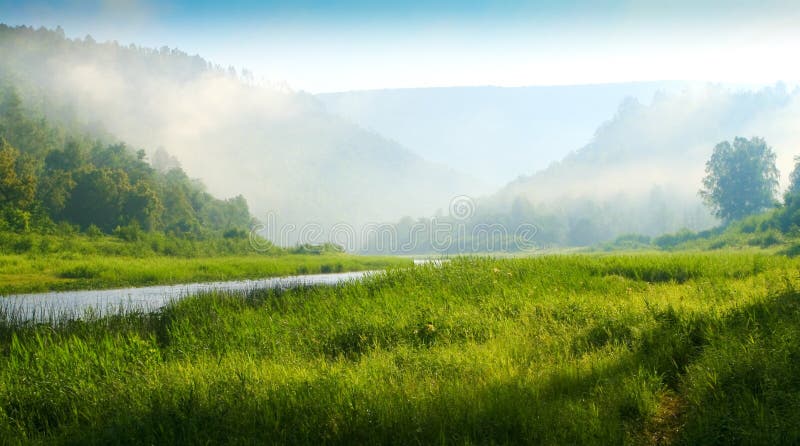 Mountains and river. Sunrise