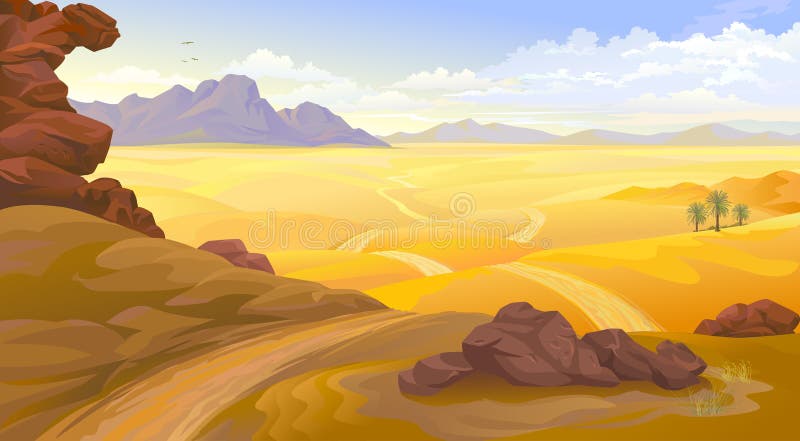 Mountains and rocks on a desert landscape. A road across the empty desert.