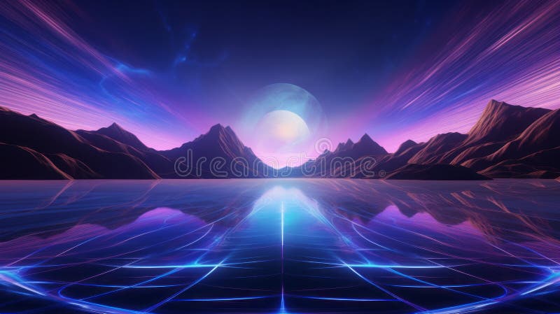 Munți și un lac de mare, într-un peisaj creat digital. ai generativ stock photography
