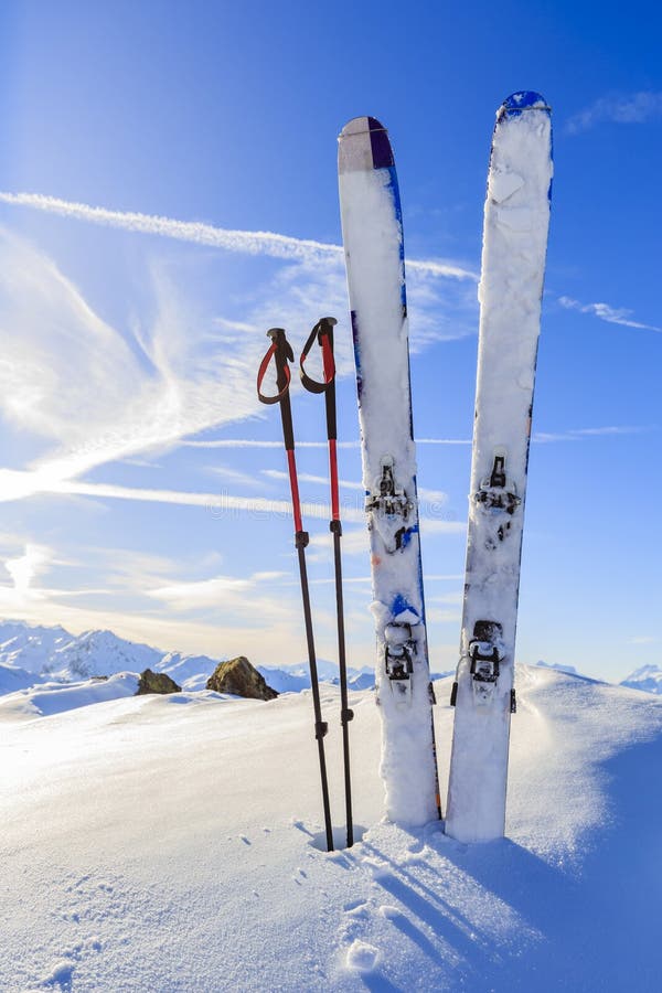 Ski equipments on ski run. stock image. Image of vacation - 66144985