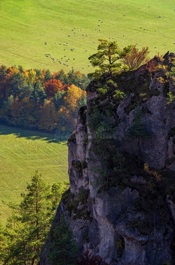 Mountains in the Sulov rocks Nature Reserves with sheeps in the autumn in Slovakia, Europe