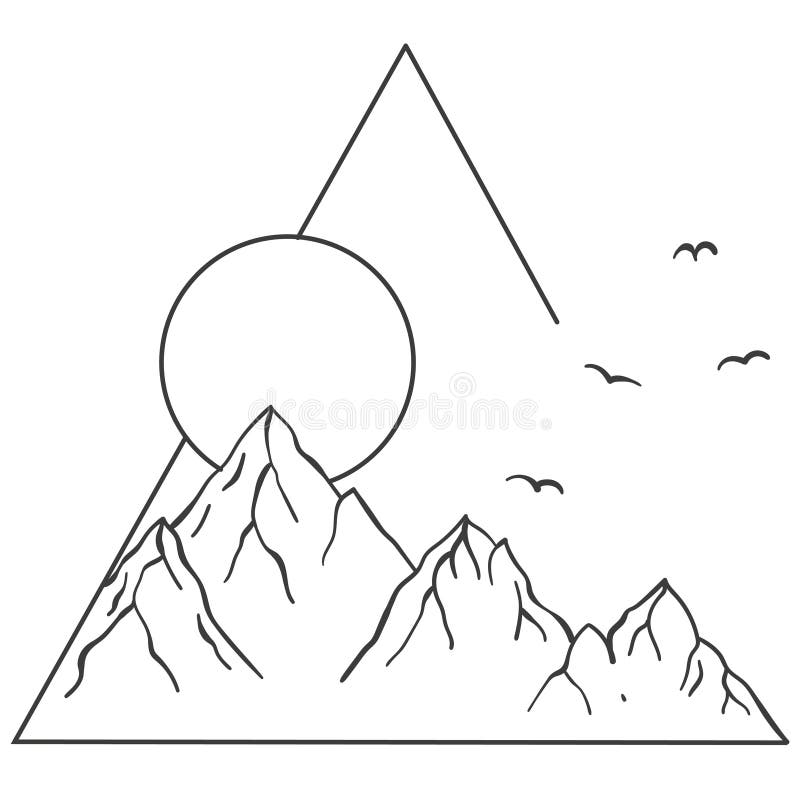 Mountains, Sun, and Clouds in Geometric Shapes. Stock Vector Illustration of landscape