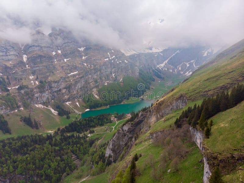 Mountains Tops With Green Trees Covered By Fog Swiss Alps Stock Image