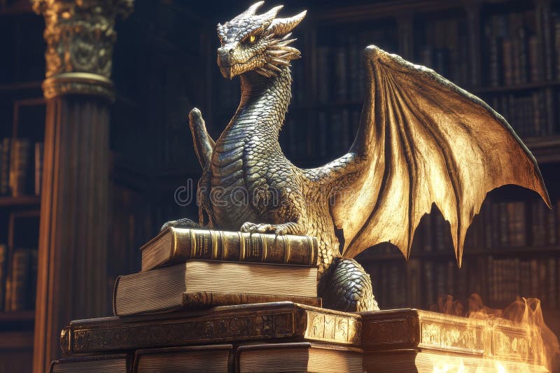 In the mountainside, a gigantic ancient library has been intricately carved, and at its entrance, a sleeping dragon is stock photos
