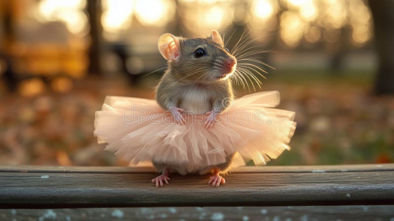 Cute mouse in a pink ballet tutu on a wooden bench, autumn. stock illustration