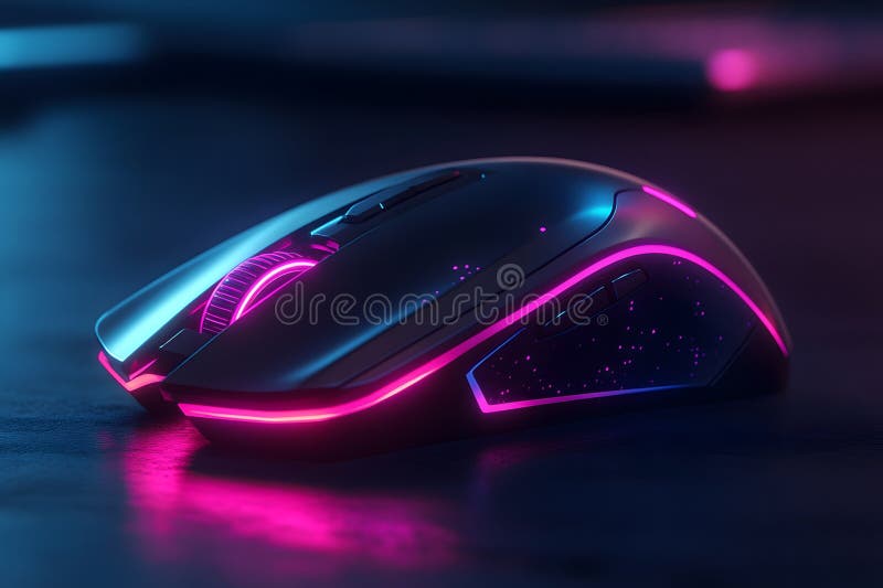 Mouse da gioco futuristico illuminato con neon rosa e luci blu su una superficie scura in vista di chiusura illustrazione di stock