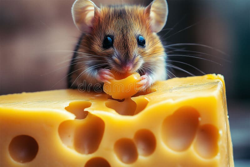 Mouse nibbling cheese, adorable rodent with big ears, Swiss cheese, meme, cute animal photo, humorous, internet cultural