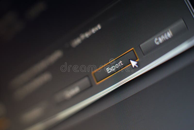 Mouse pointer clicking on a export button in editing software, macro shot. Computer editing stock images, royalty-free photos and pictures