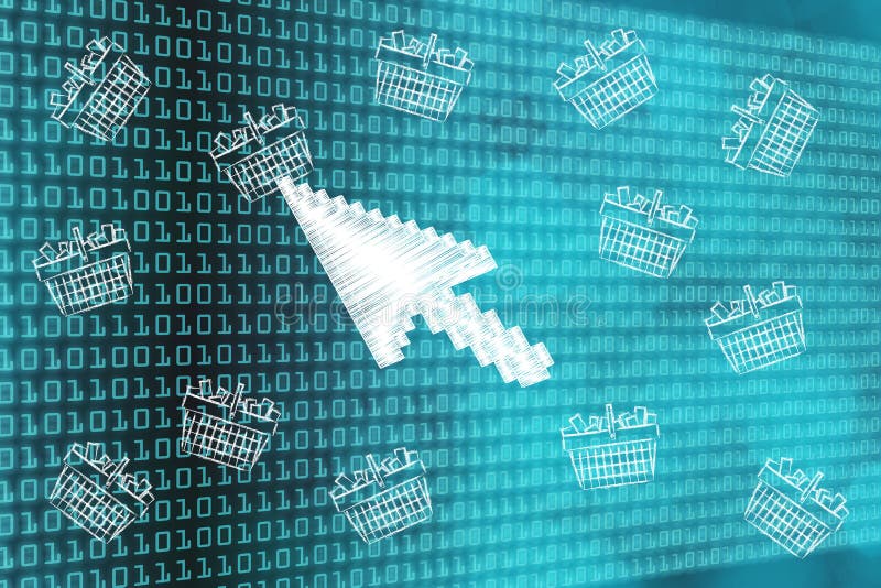mouse pointer clicking on one basket full of items out of a group vector illustration mouse pointer clicking on one basket full of items out of a group vector illustration
