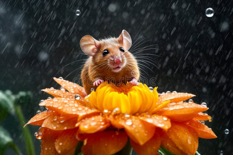 Mouse cu picături de ploaie care se încadrează în jurul ei stă pe floare. ai generativ. generate de