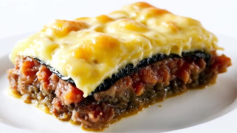 Moussaka Gros plan avec sauce à la viande et aubergine cuite au bechamel servi sur une plaque blanche illustration libre de droits
