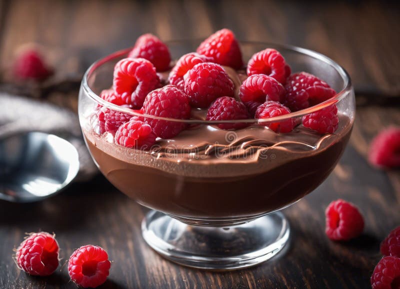 Mousse de chocolate con frambuesas frescas en un recipiente de vidrio sobre una mesa rústica de madera. libre illustration