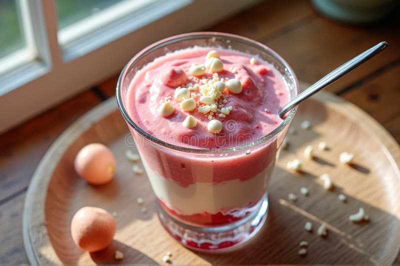 Mousse di fragole deliziose con patatine di cioccolato bianco in cucina illuminata dal sole immagine stock