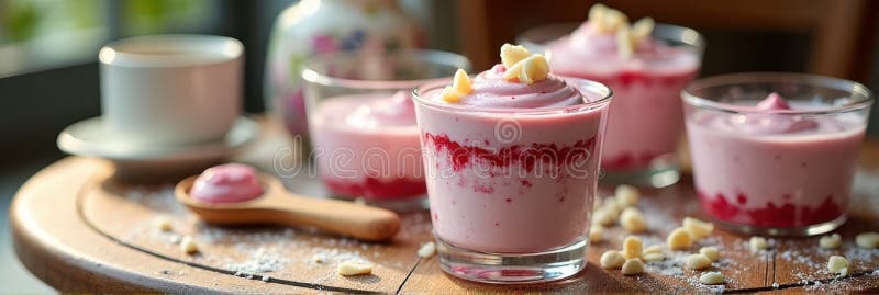 Mousse di fragole deliziose con patatine di cioccolato bianco in occhiali eleganti su tavolo di legno immagine stock