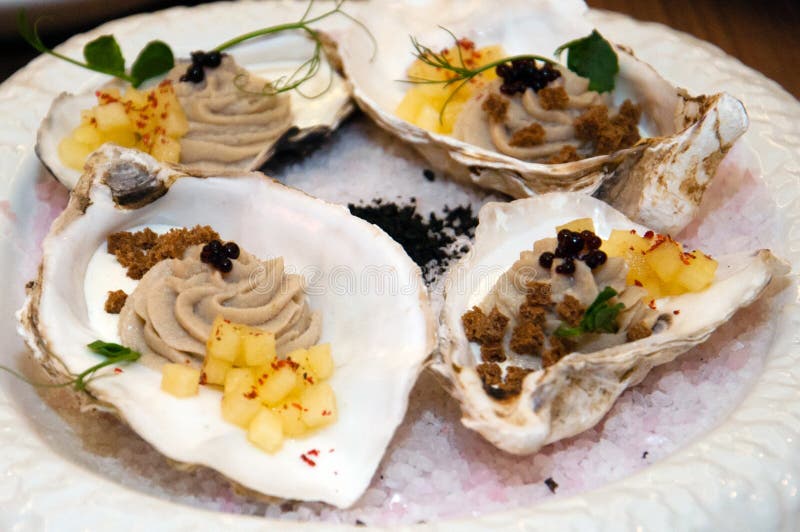 Mousse van een oester met ananas en boterhammen in een gootsteen op een schotel met ijs royalty-vrije stock foto's Mousse van een oester met ananas en boterhammen in een gootsteen op een schotel met ijs royalty-vrije stock foto's