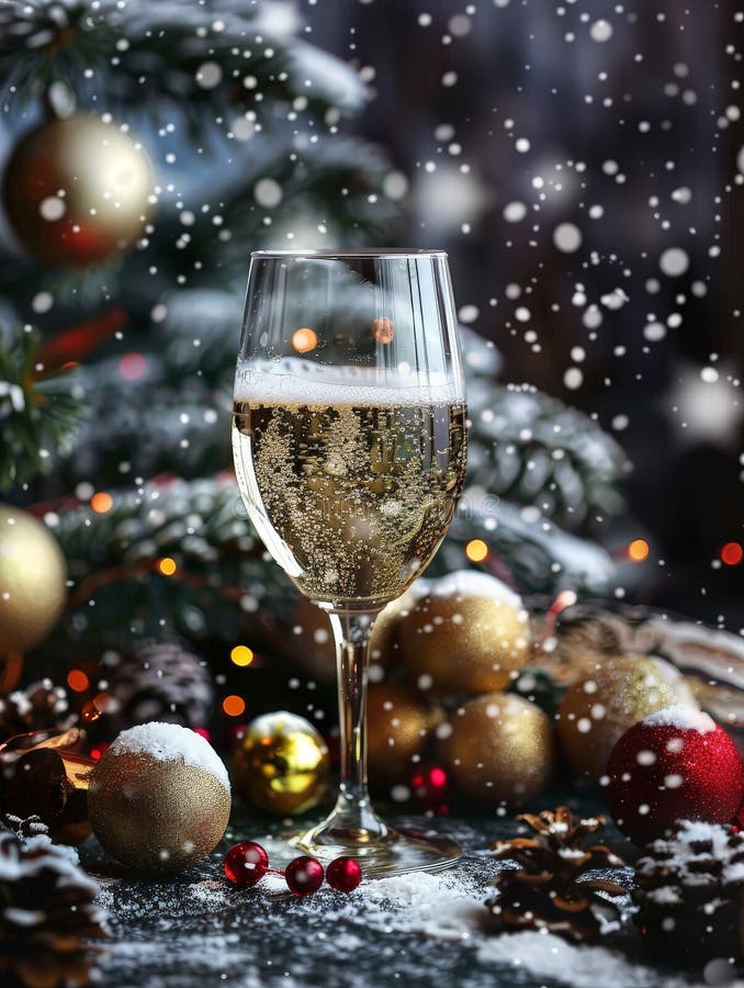Mousserande vinglas med julklamprydnadsföremål och snöfall vektor illustrationer