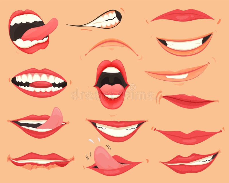 Mouth Expressions. Lips with a Variety of Emotions, Facial Expressions.  Female Lips in Cartoon Style Stock Vector - Illustration of girl, design:  194464790