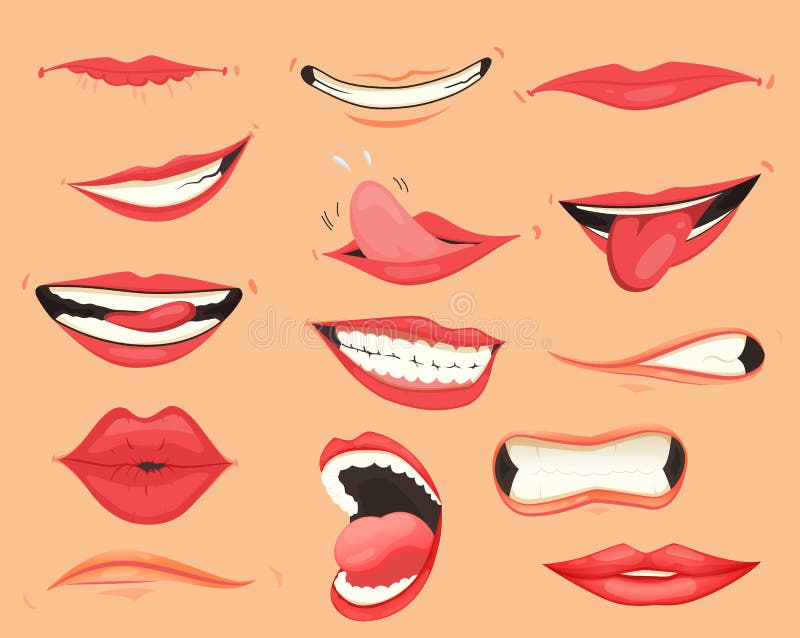 Mouth Expressions. Lips with a Variety of Emotions, Facial Expressions.  Female Lips in Cartoon Style Stock Vector - Illustration of cartoon, laugh:  195749445