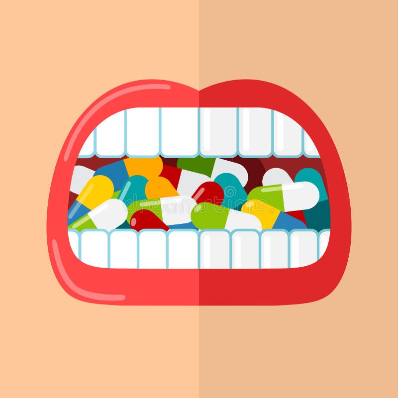 Mouth is full of pills.