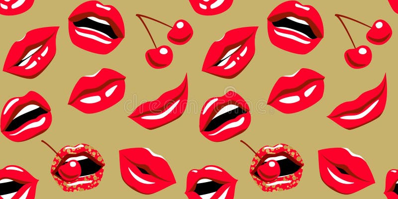 Mouth With Kiss Smile Teeth And Cherry Pop Art Red Lips With Red 