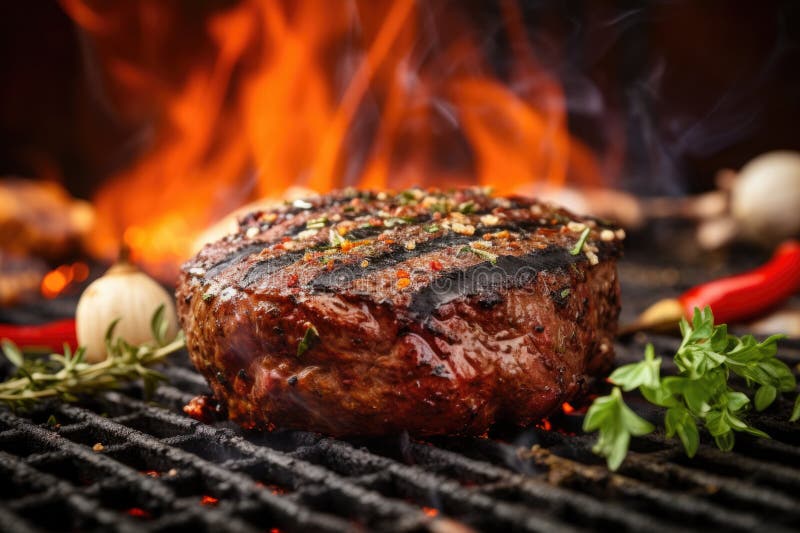 Burger cu apă dulce pe grilaj cu mirodenii împrăștiate în jurul royalty free stock photography