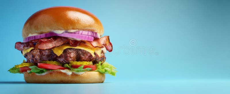 The mouthwatering burger with layers of bacon, cheese, and fresh vegetables. AI generated image.