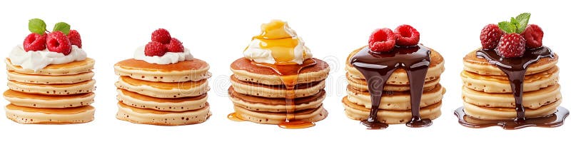 Pancake Stack with Toppings Delicious Breakfast. A mouthwatering image showcasing four stacks of golden brown pancakes, each topped with different delectable ingredients. One stack is adorned with fresh raspberries and whipped cream, another with a rich chocolate sauce, a third with honey and whipped cream, and the final stack features raspberries and whipped cream. The pancakes are perfectly layered and appear fluffy and delicious. The bright