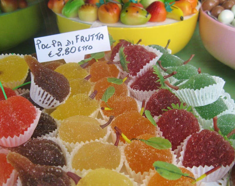 Mouthwatering Italian shop window display of colorful fruit jelly candies, marzipan and other sweets stock photos Mouthwatering Italian shop window display of colorful fruit jelly candies, marzipan and other sweets stock photos