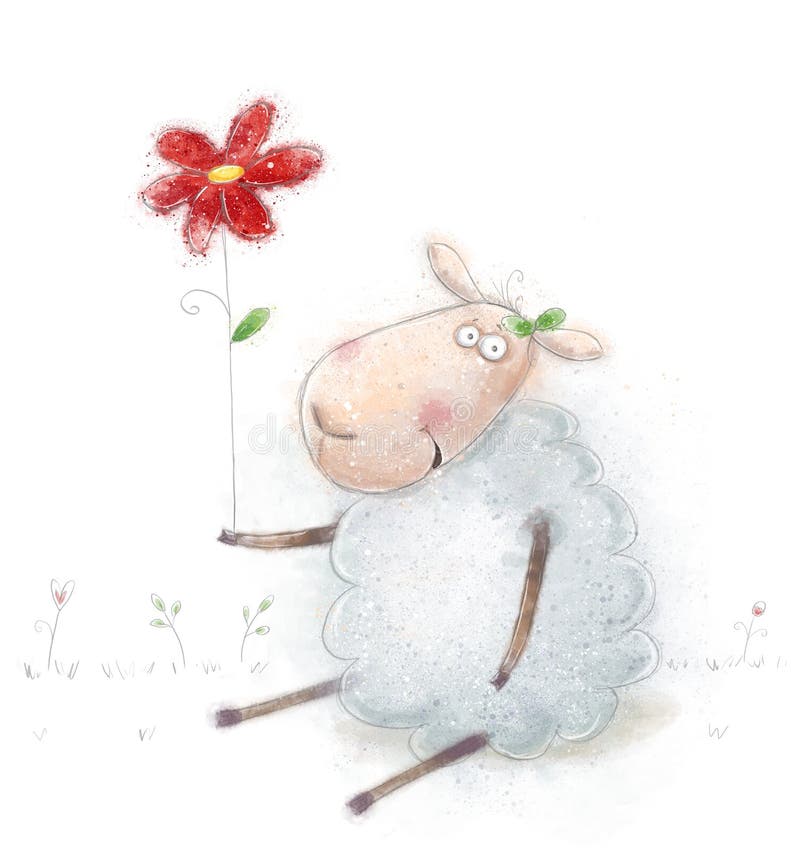 Moutons mignons de bande dessinée avec la fleur rouge Carte de voeux de Valentines Carte de joyeux anniversaire Carte du jour de