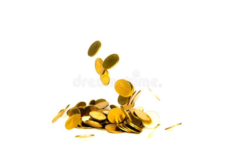 Mouvement de pi?ce d'or en baisse, de pi?ce de monnaie de vol, d'argent de pluie d'isolement sur le fond blanc, d'affaires et de images libres de droits Mouvement de pi?ce d'or en baisse, de pi?ce de monnaie de vol, d'argent de pluie d'isolement sur le fond blanc, d'affaires et de images libres de droits