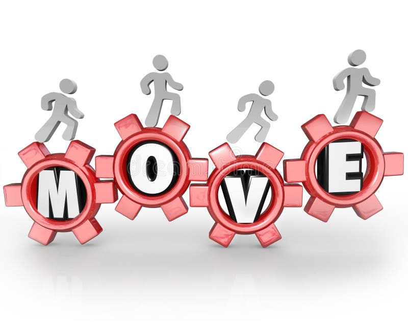 The word Move in gears with a workforce or team of people walking forward to symbolize progress, action, goal, mission and success. The word Move in gears with a workforce or team of people walking forward to symbolize progress, action, goal, mission and success