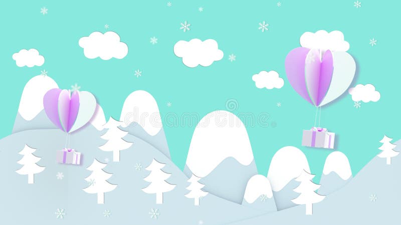Mova uma caixa de presentes e coração flutuando no céu acima do icebergue com neve. segundos 02 de início da animação. segundos 28