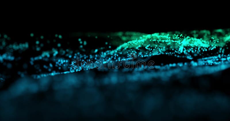 The movement of blue and green particles on a dark background. Waves made of particles. Spinning waves with bokeh effect. Smooth m