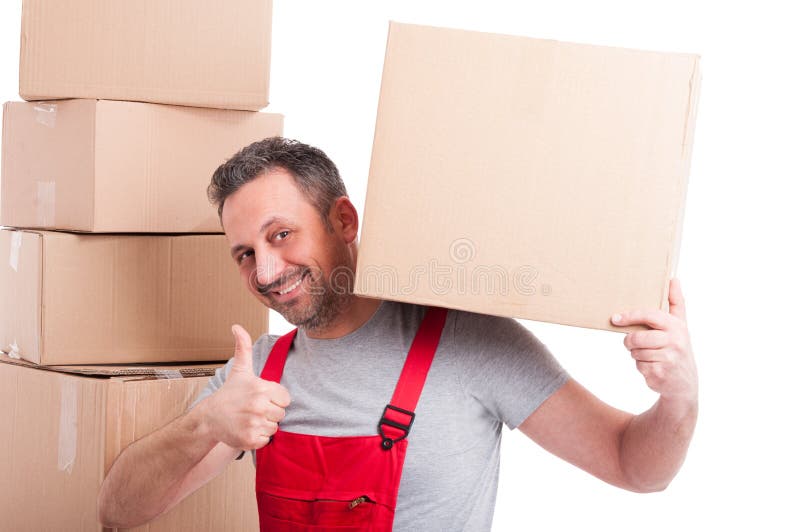 Mover man holding box and showing like gesture royalty free stock photos