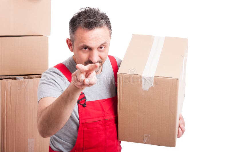 Mover man holding box and showing watching you gesture stock images