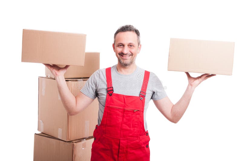 Mover man holding boxes with both hands stock photography